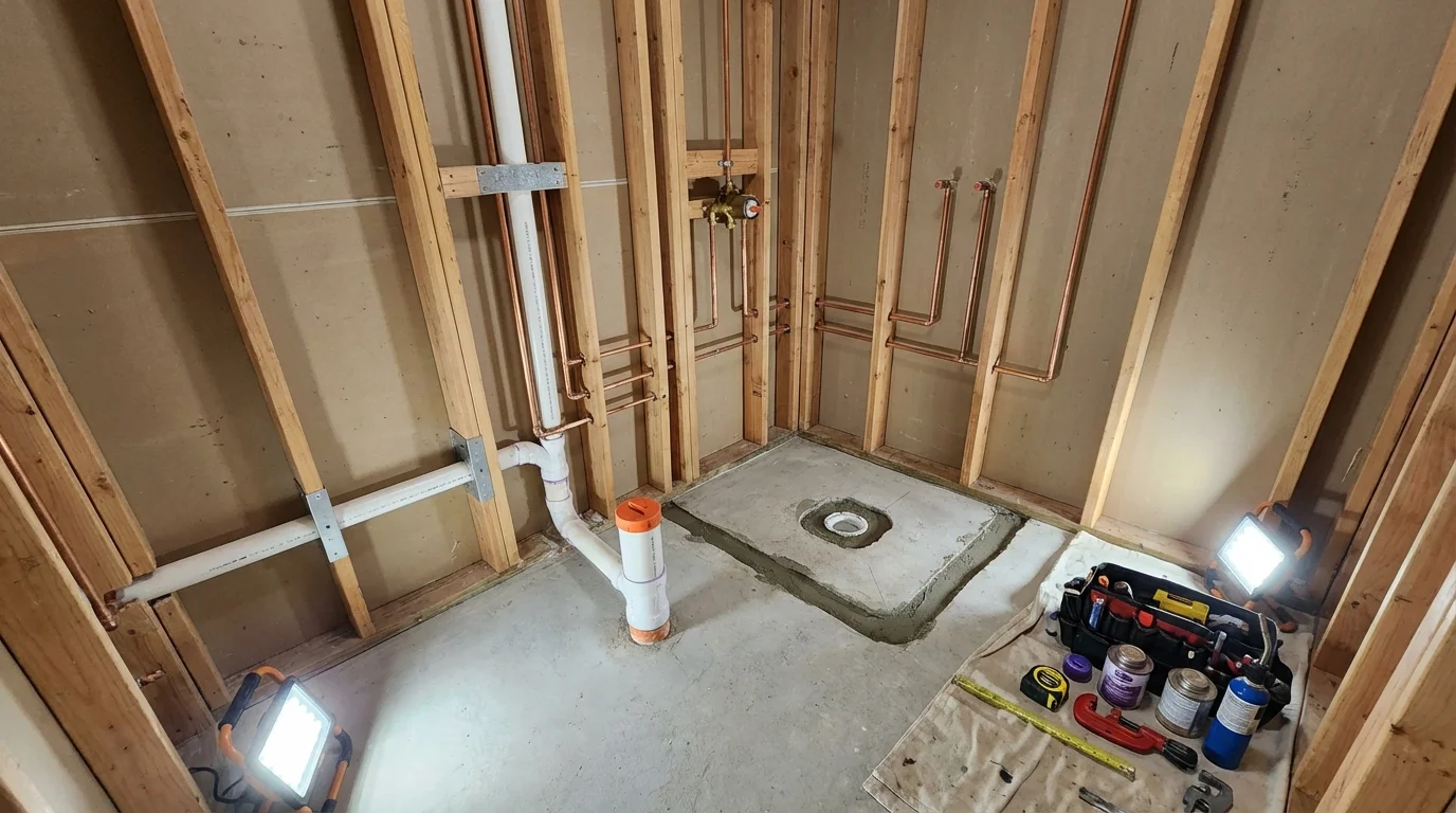 Bathroom rough-in plumbing during remodel by Johns Plumbing LLC in Centerton