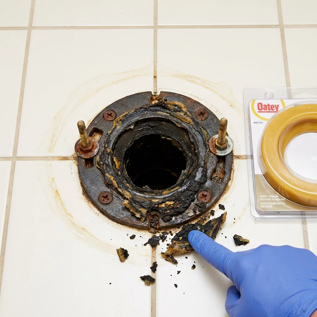 Failed wax ring showing water seepage at the base of a toilet in a Centerton, AR home